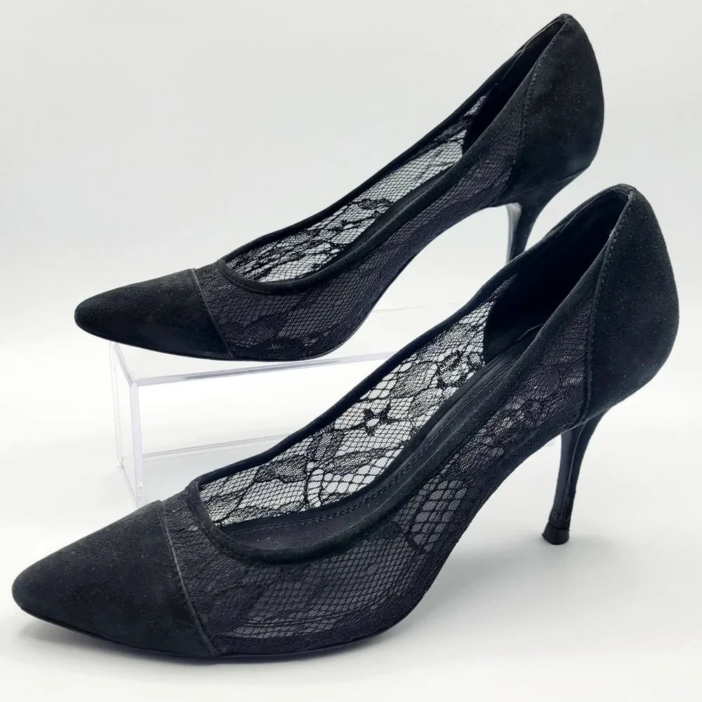 Sandro Black Lace Pointed Toe Heels Whimsigoth Witchy Suede Women's Size 38 US 8
